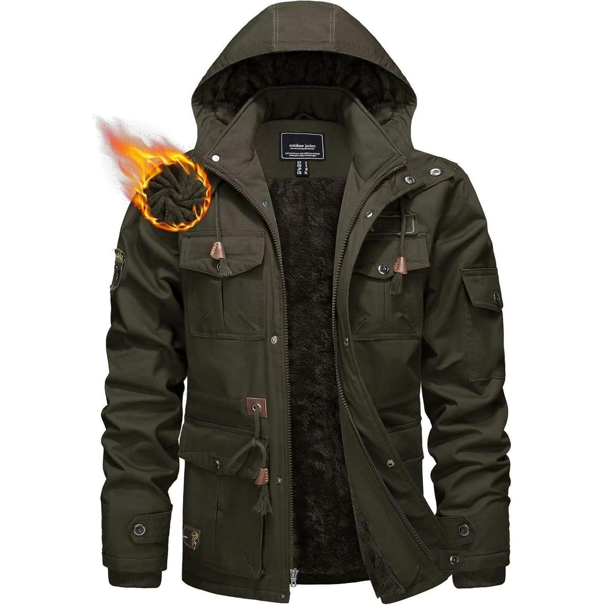 Herren Winterparka Fleecegefüttert mit Taschen & Kapuze Dunkeloliv