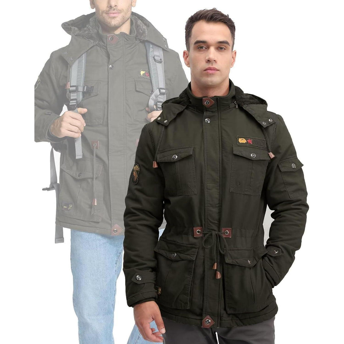 Herren Winterparka Fleecegefüttert mit Taschen & Kapuze Dunkeloliv
