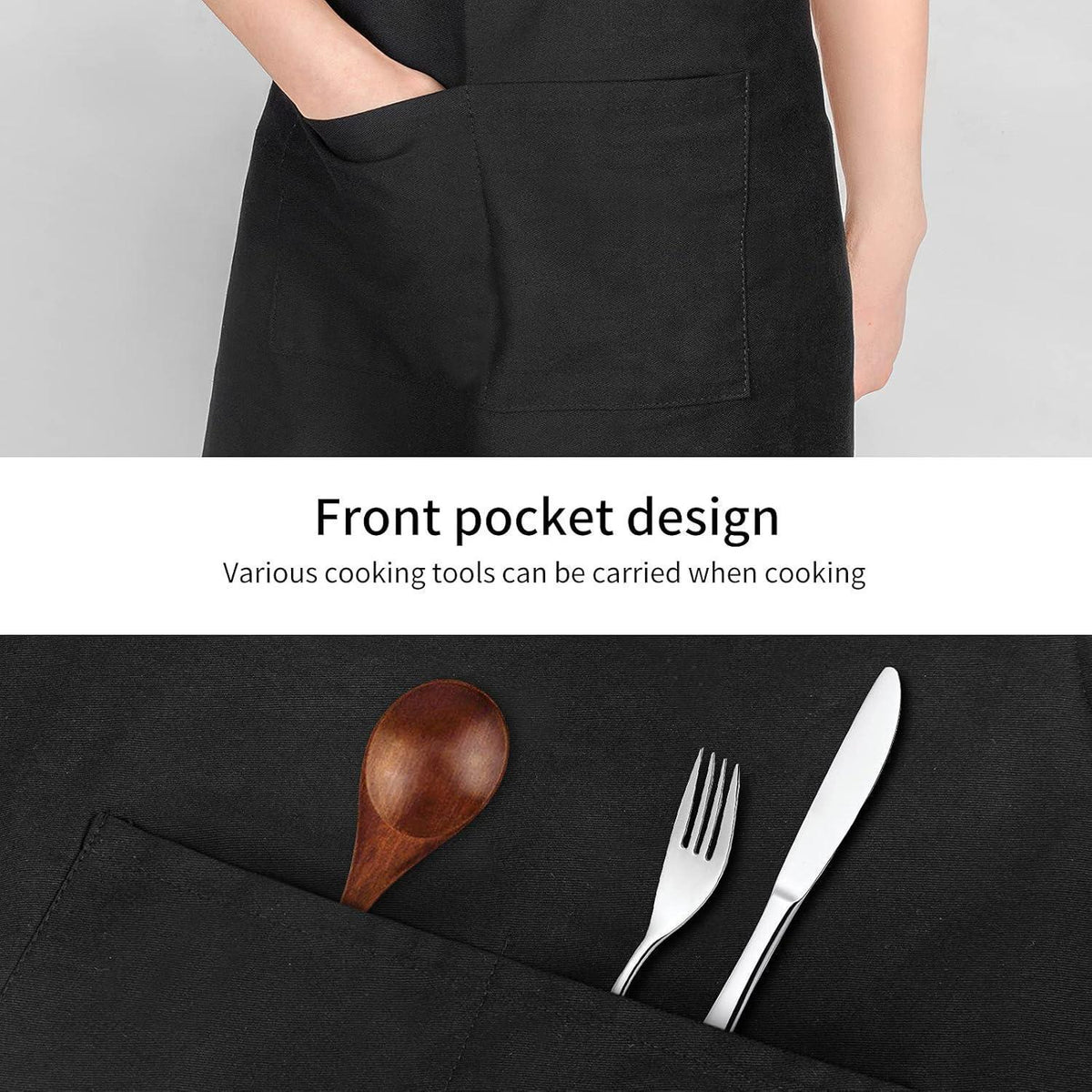 Kochschürze Baumwolle mit Taschen, verstellbar, Schwarz
