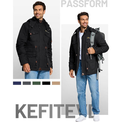 Herren Winterparka Fleecegefüttert mit Taschen & Kapuze Schwarz