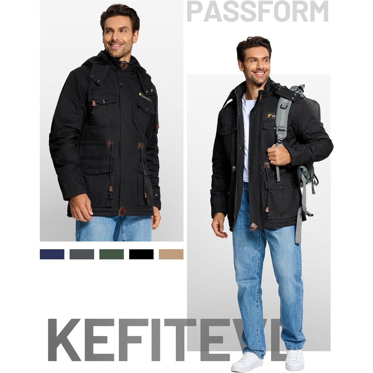 Herren Winterparka Fleecegefüttert mit Taschen & Kapuze Schwarz
