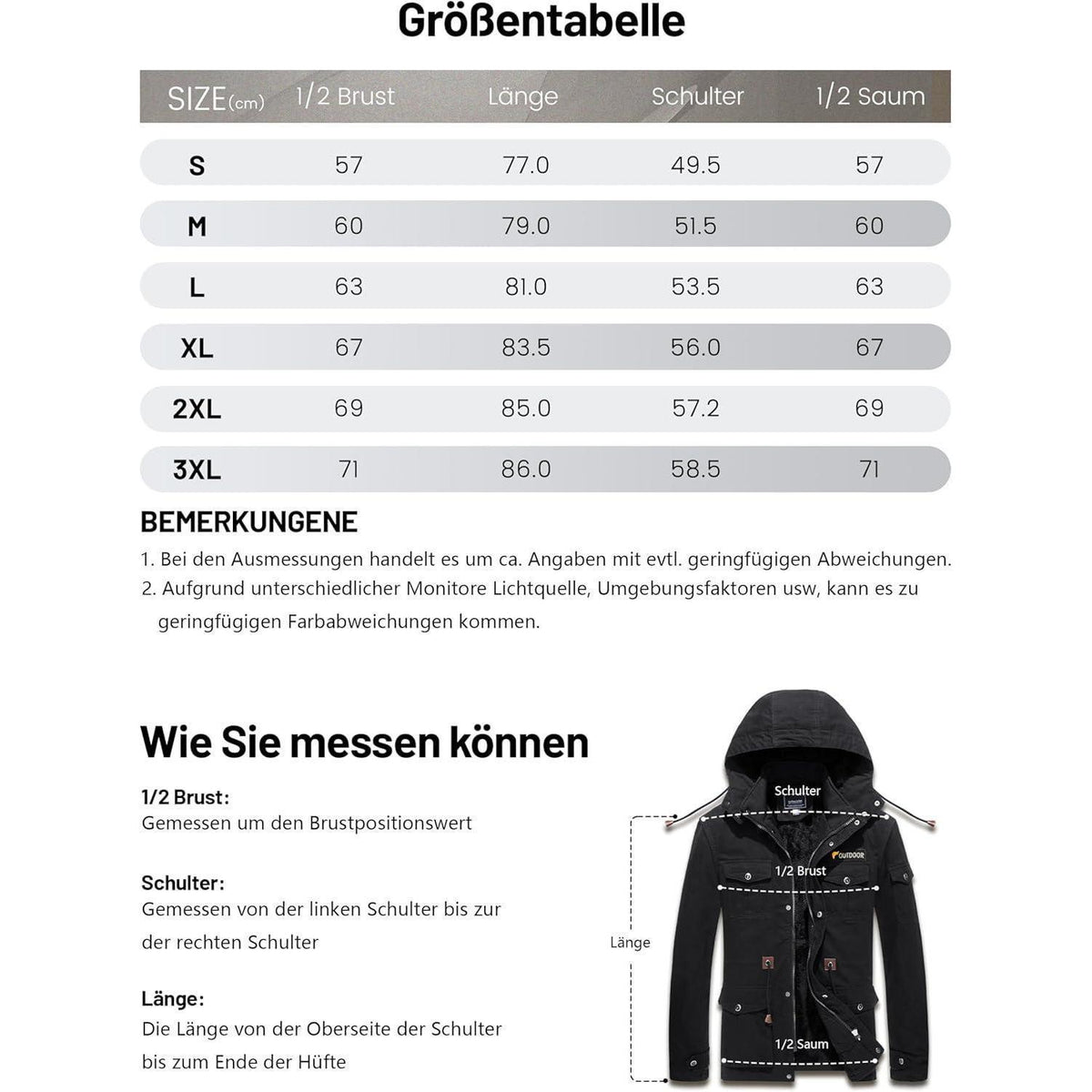 Herren Winterparka Fleecegefüttert mit Taschen & Kapuze Schwarz
