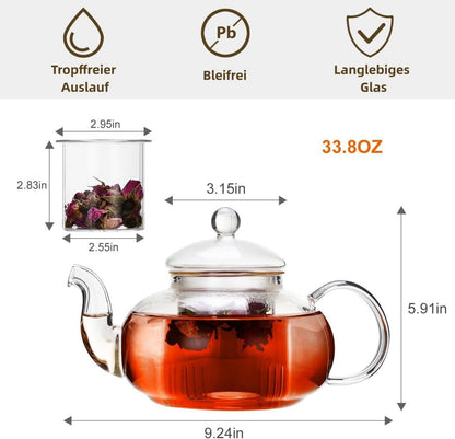 Teekanne Glas 1000ml Siebeinsatz Glasteekanne