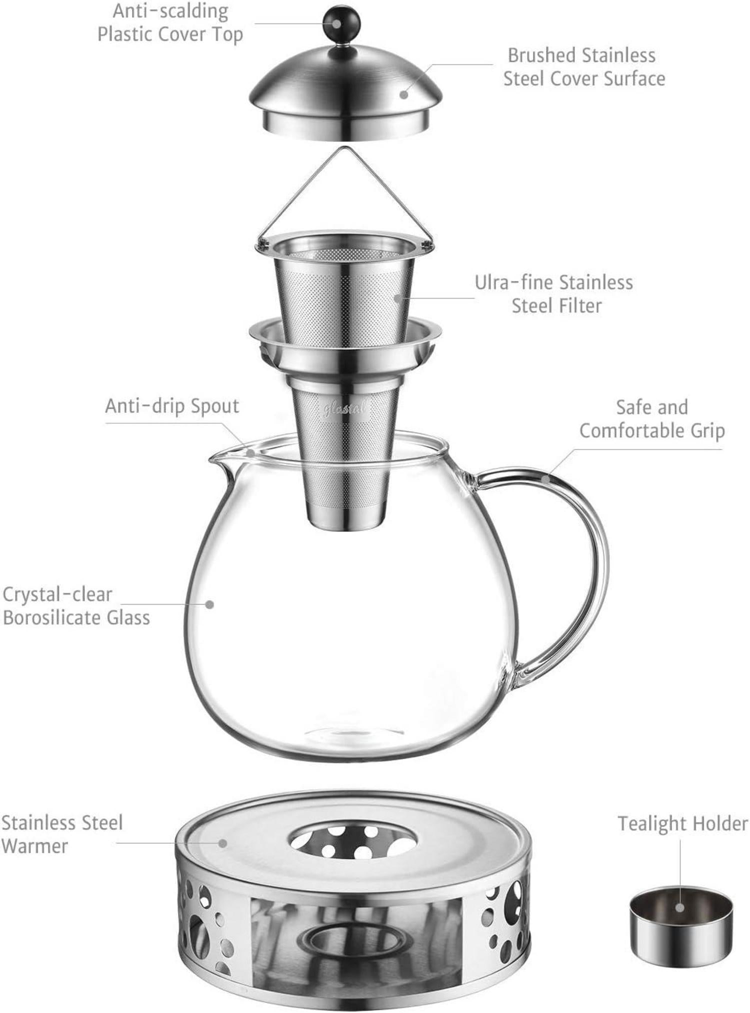 Teekanne mit Stövchen 1500ml Edelstahl Borosilikatglasremium