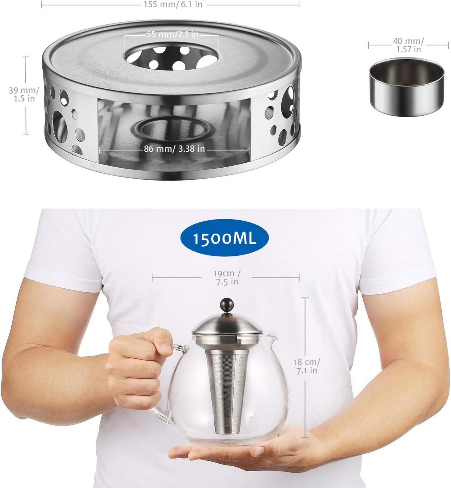 Große Silberne Teekanne mit Stövchen aus Edelstahl - Premium Qualität