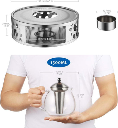 Große Silberne Teekanne mit Stövchen aus Edelstahl - Premium Qualität