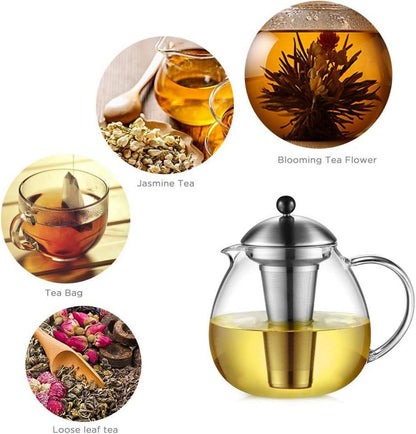 Teekanne 1500ml mit Stövchen Edelstahl Glas Teewärmer Suit