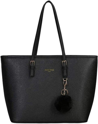 Damen Handtasche Schwarz Shopper Leder Groß Kaninchen Pelz Plüsch