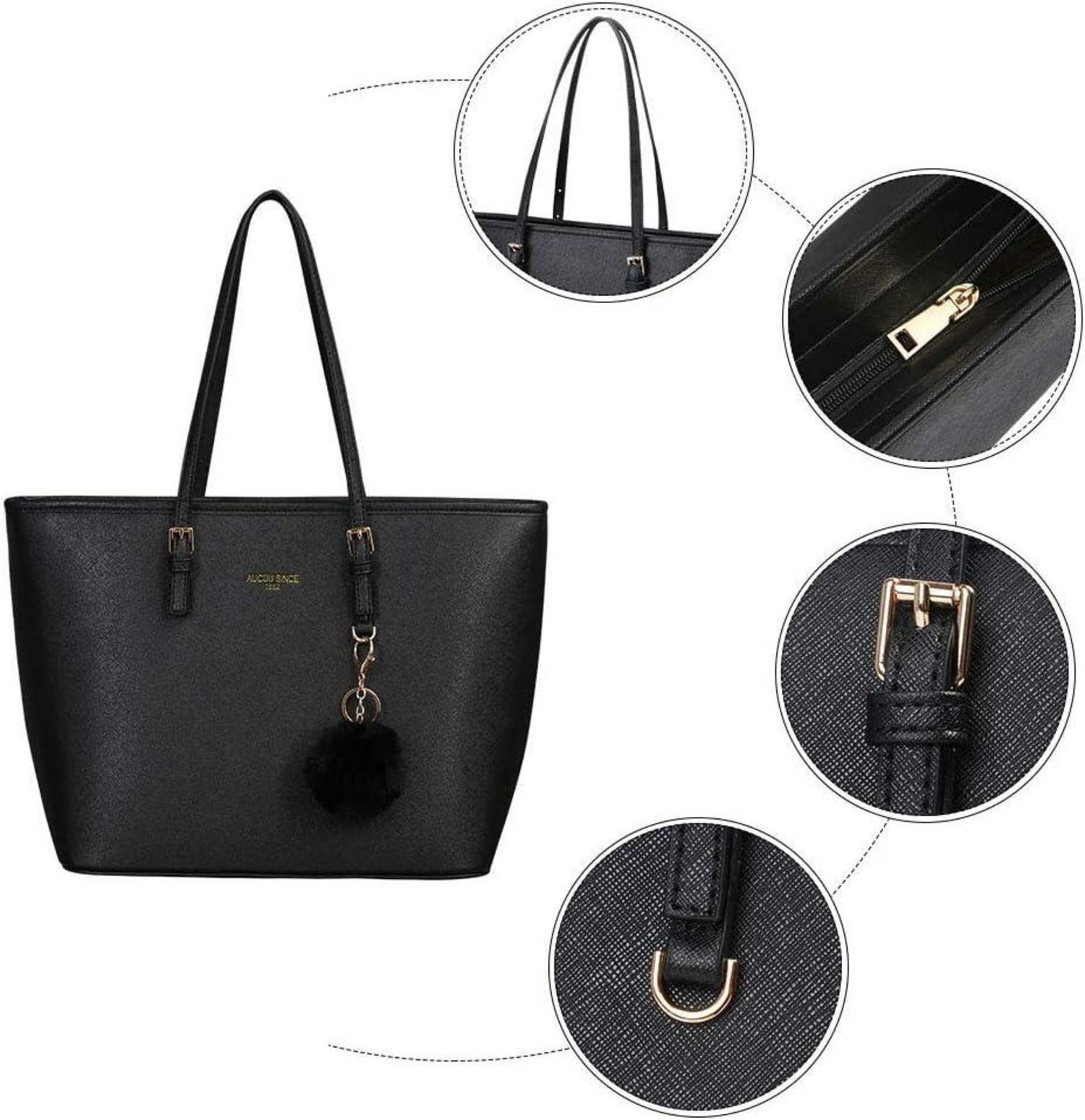 Damen Handtasche Schwarz mit Kaninchen Pelz Kugel Plüsch
