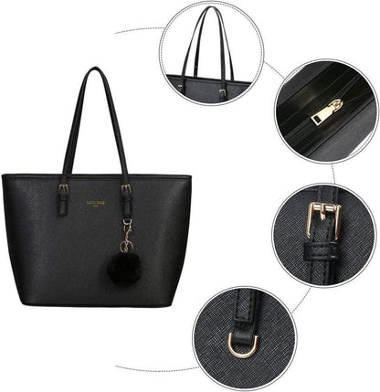 Damen Handtasche Schwarz mit Kaninchen Pelz Kugel Plüsch