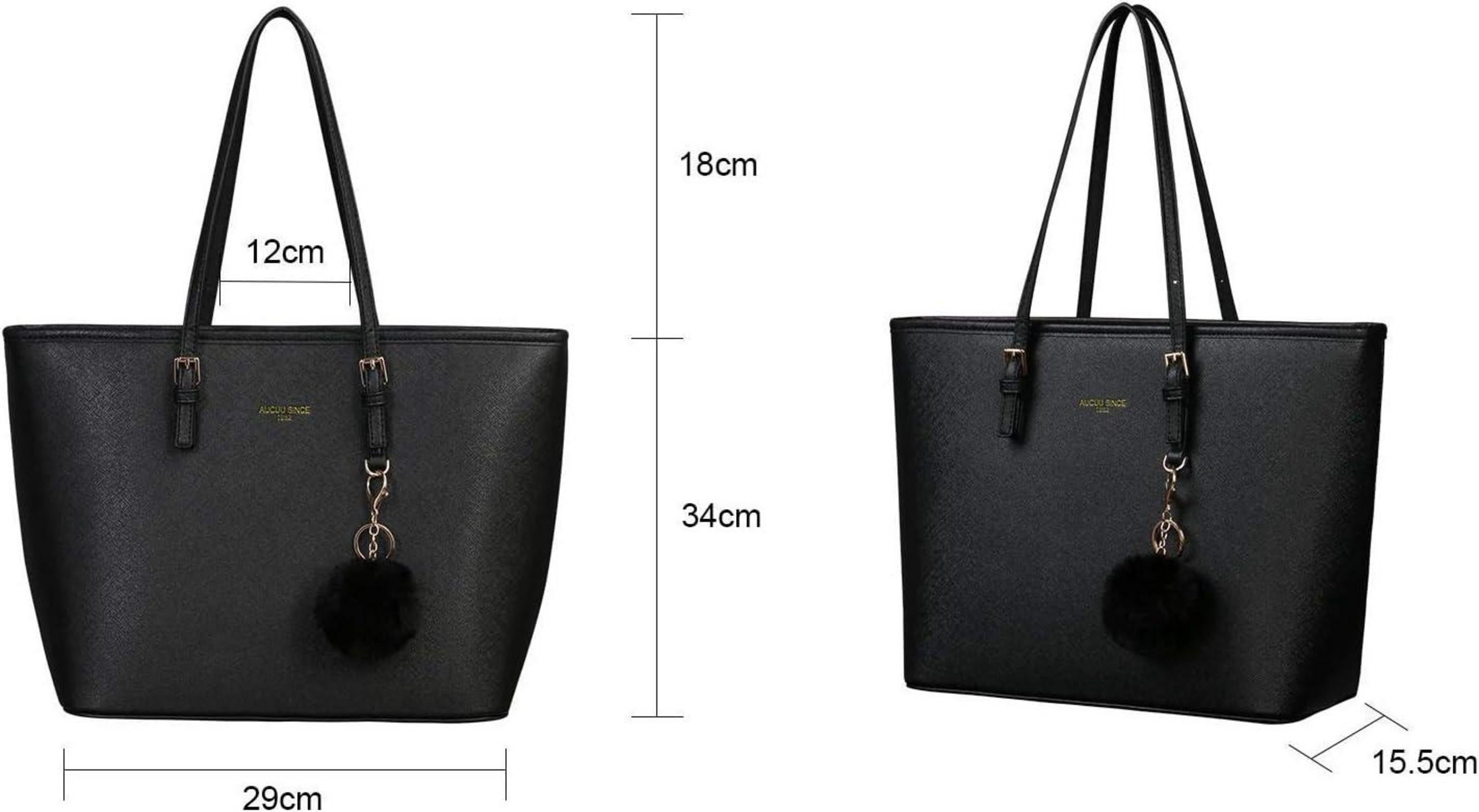 Damen Handtasche Schwarz Shopper Leder Groß Kaninchen Pelz Plüsch