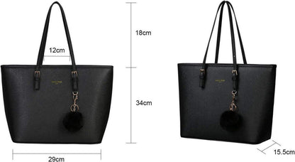 Damen Handtasche Schwarz Shopper Leder Groß Kaninchen Pelz Plüsch