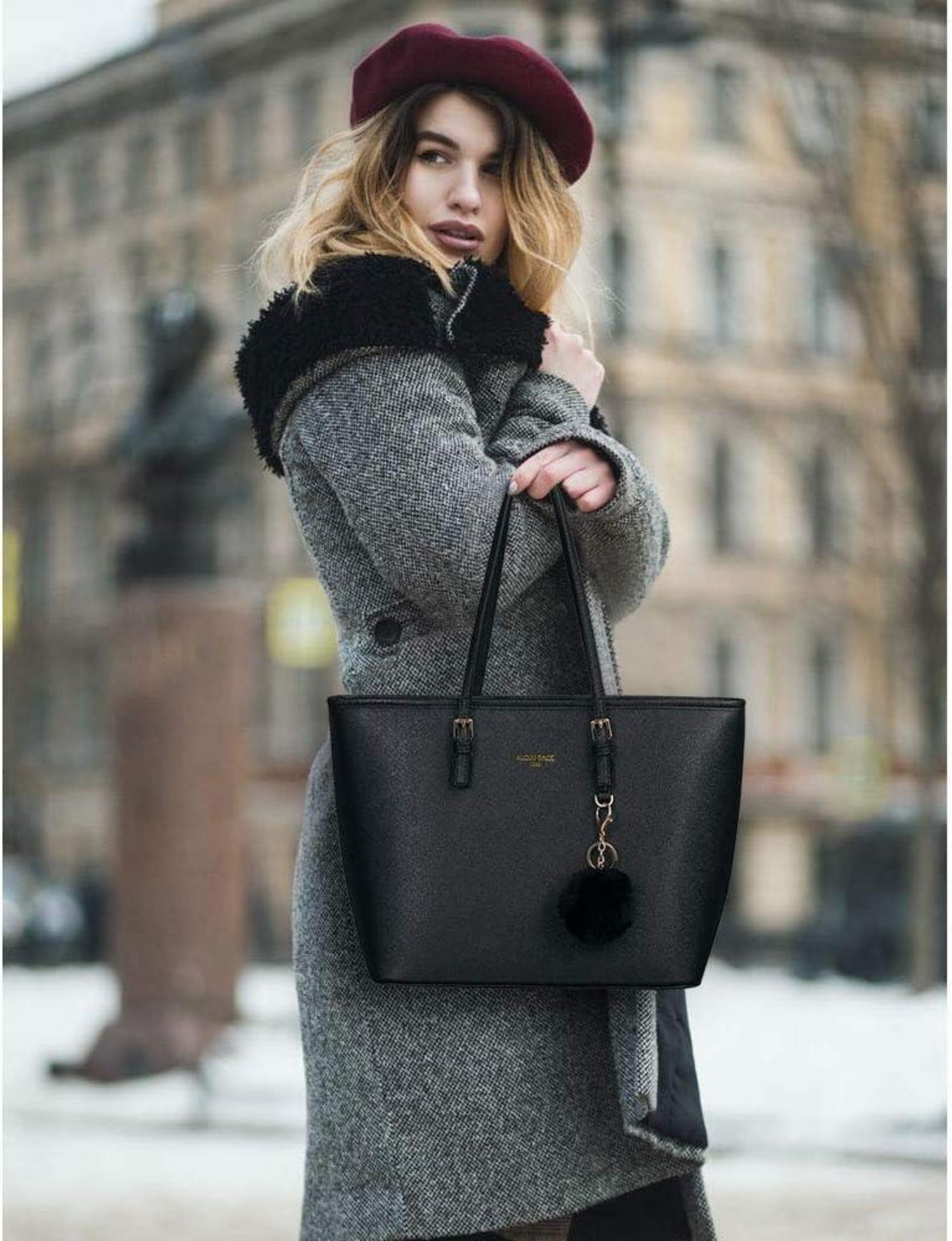 URAQT Damen Handtasche Schwarz Shopper Leder Groß Kaninchen Pelz Plüsch
