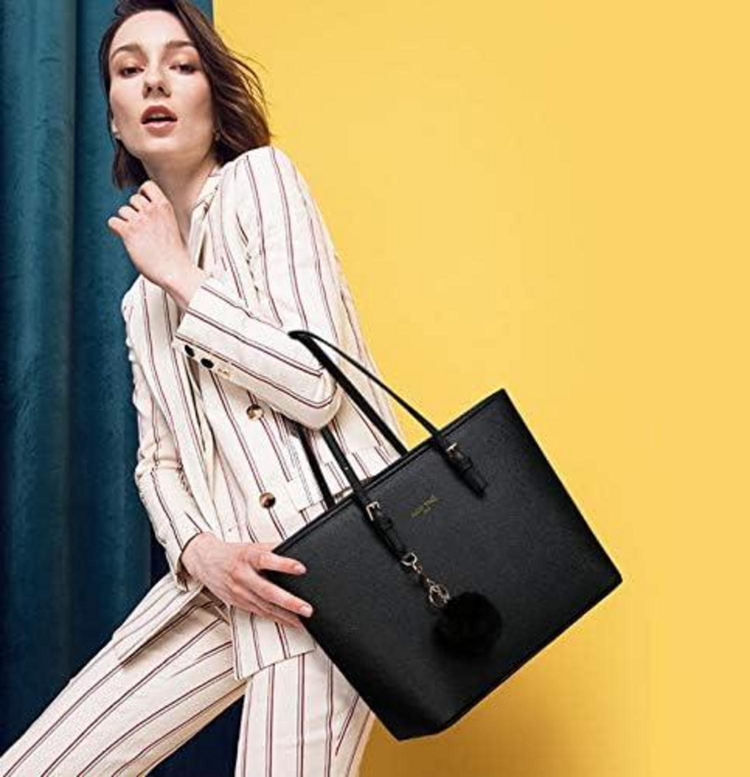 URAQT Damen Handtasche Schwarz Shopper Leder Groß Kaninchen Pelz Plüsch