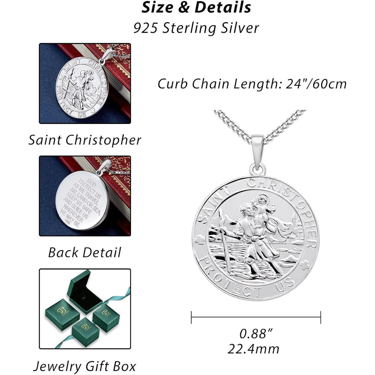 Heiliger Christophorus Kette 925 Sterling Silber 60cm Medaille