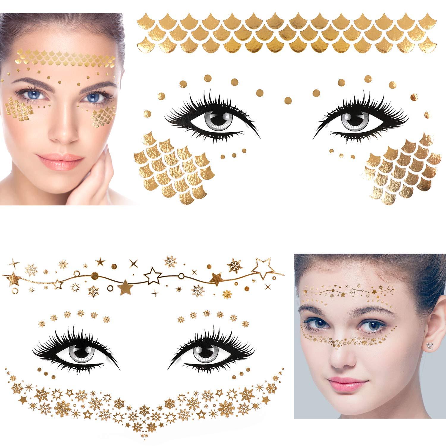 Tattoo Aufkleber Metallic Flash Tattoos Face Gesicht Gold Fasching Karneval Party Make-up
