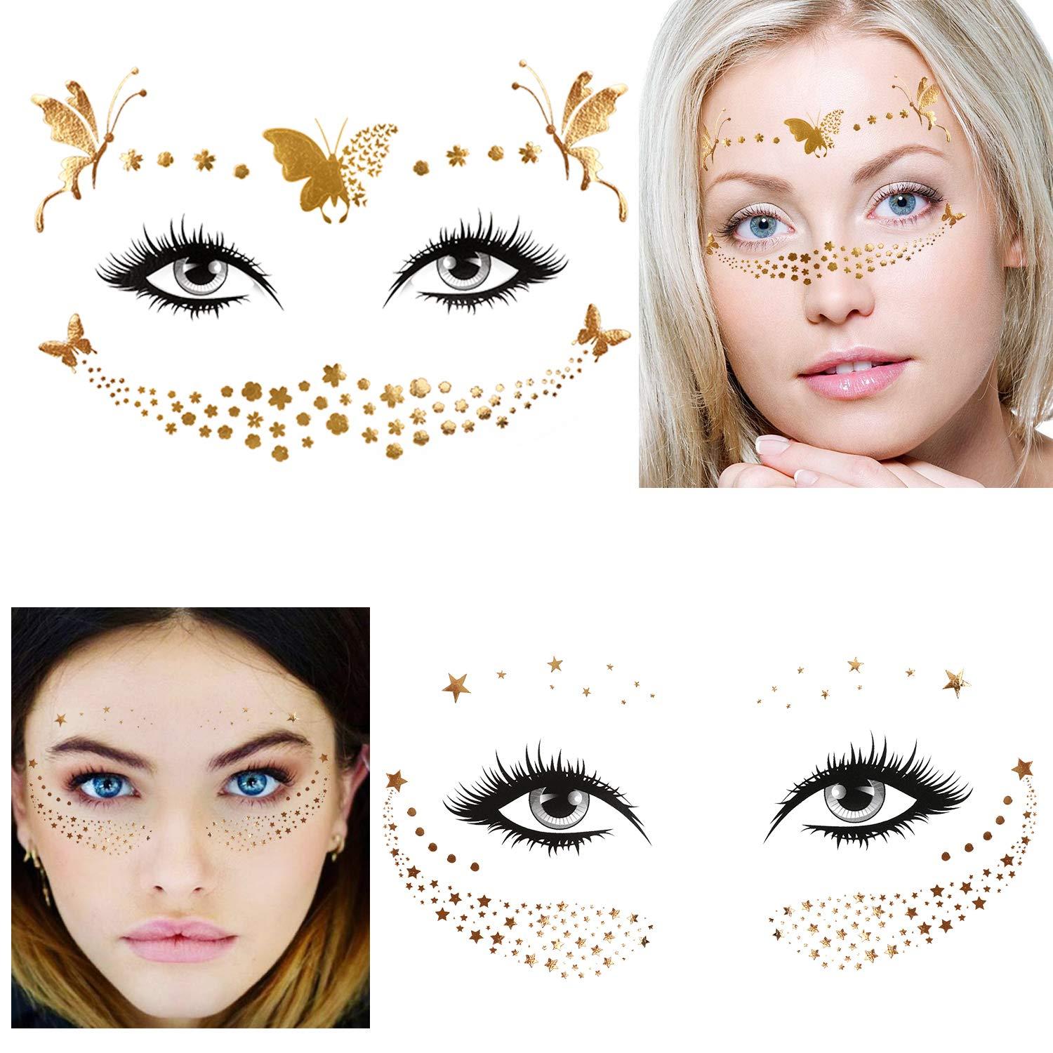 Konsait 8 Stück Metallic Flash Face Tattoos Aufkleber Gold Fasching Karneval