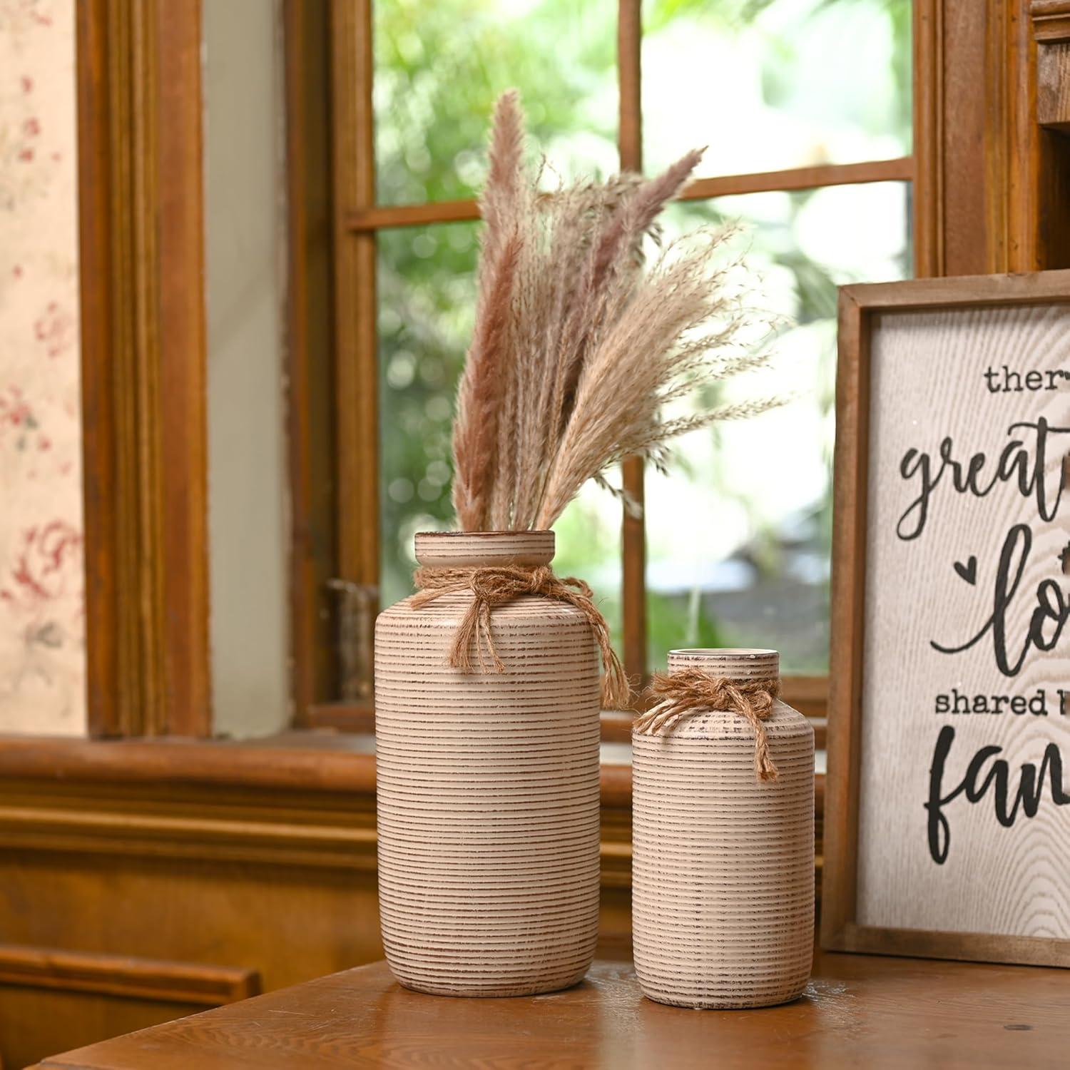 Rustikale Keramik Vasen Set mit Hanfseil in Landhausstil 19/26 cm