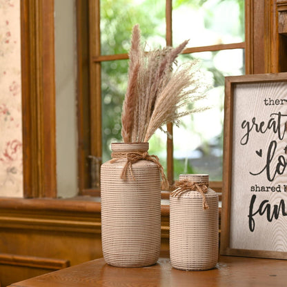 Rustikale Keramik Vasen Set mit Hanfseil in Landhausstil 19/26 cm