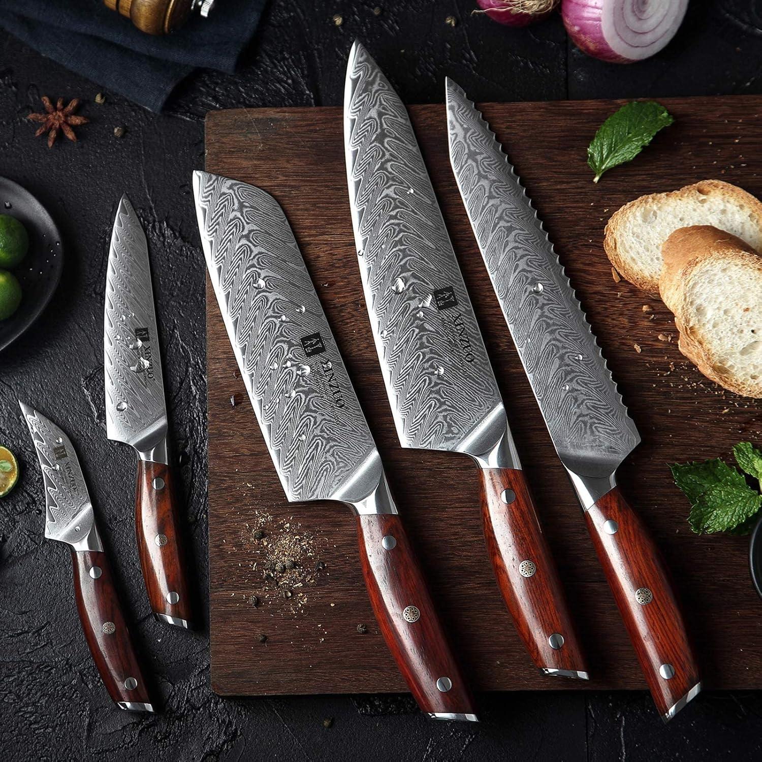 Profi Küchenmesser Set 5-teilig Damaststahl VG10 Chef Santoku Brot