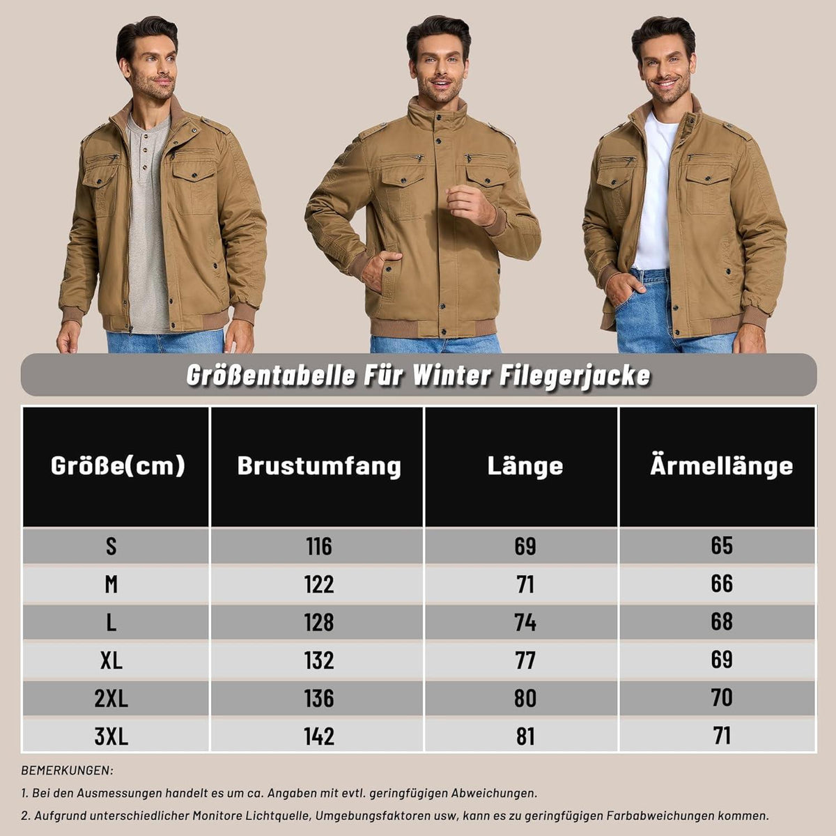 Herren Winterjacke Sherpa gefüttert Khaki M
