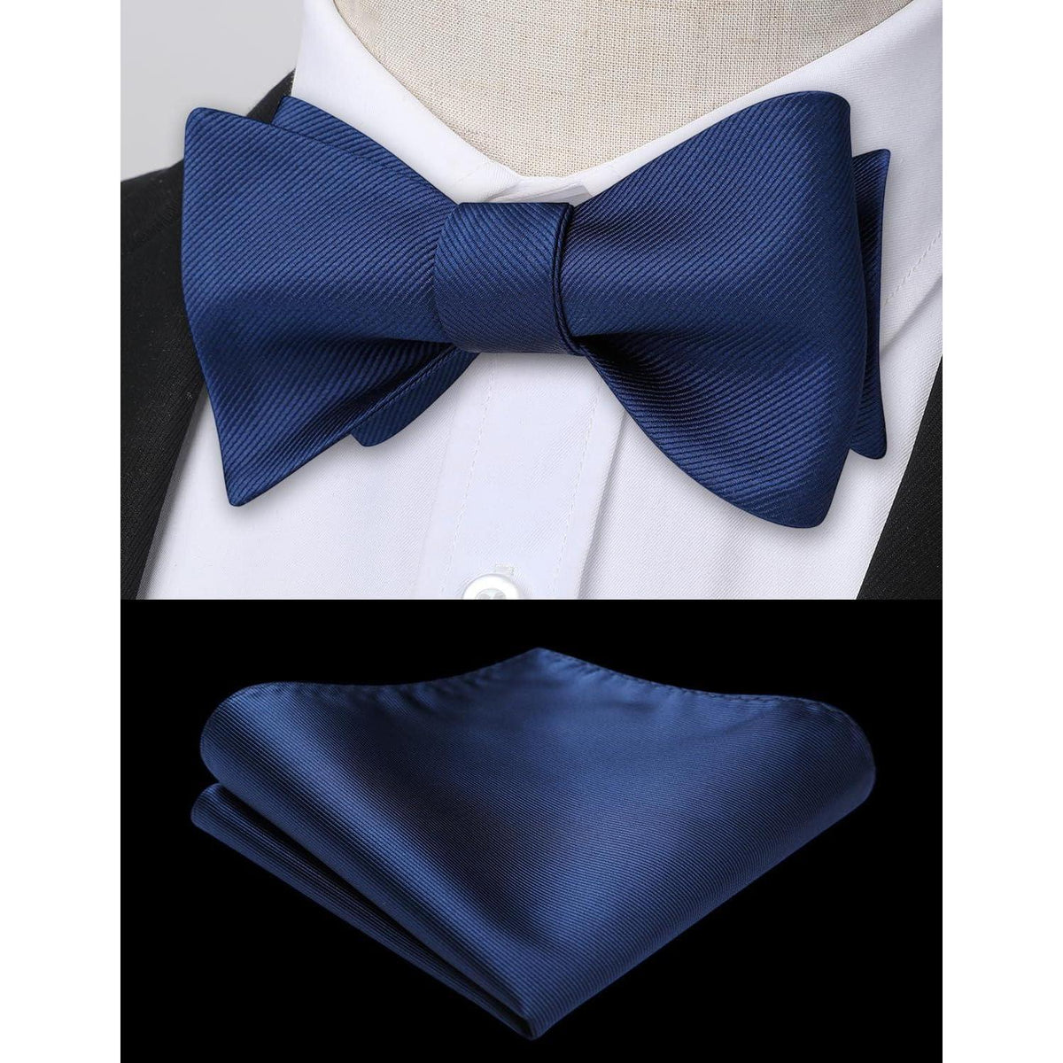 Herren Fliege mit Einstecktuch, Navy Blau, Jacquard, Handarbeit