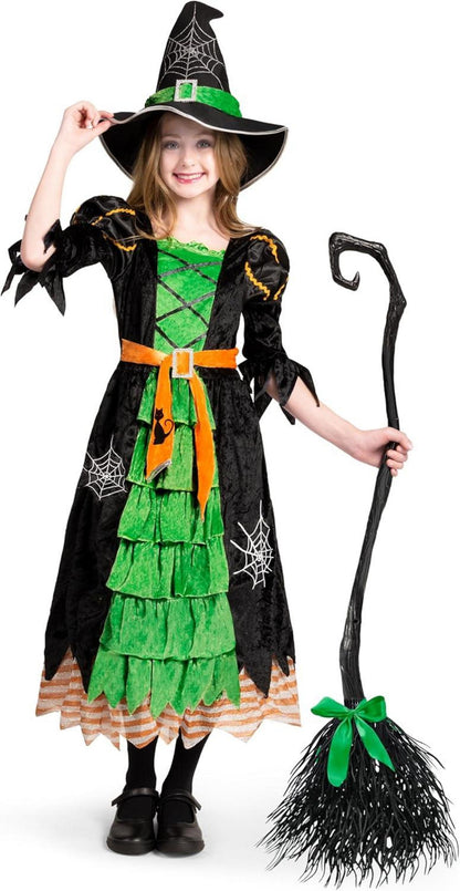 Hexenkostüm Mädchen 3-teilig Grün Deluxe Set Small 5-7 Jahre