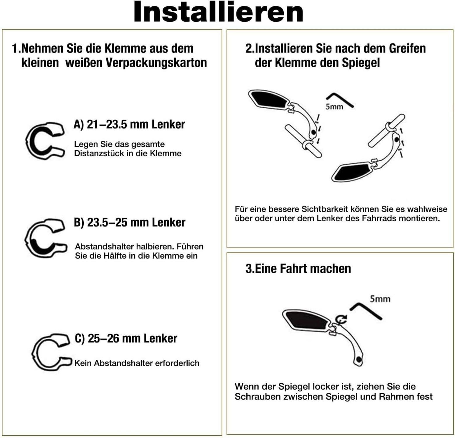 Fahrradspiegel Rückspiegel HD Edelstahl Generation 2.0 21-26mm für Ebike Roller