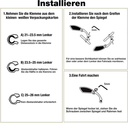 Fahrradspiegel Rückspiegel HD Edelstahl Generation 2.0 21-26mm für Ebike Roller