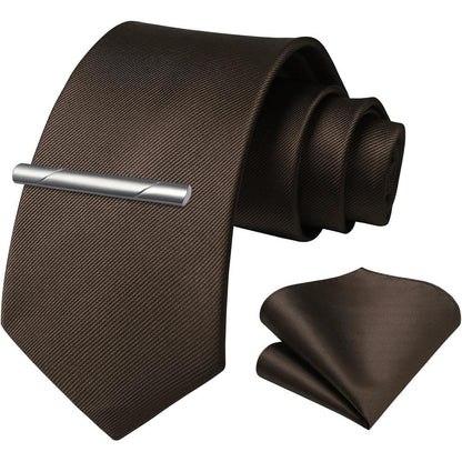 Herren Krawatten-Set mit Einstecktuch und Krawattennadel Braun