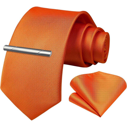 Herren Krawatten-Set mit Einstecktuch und Krawattenklammer Orange