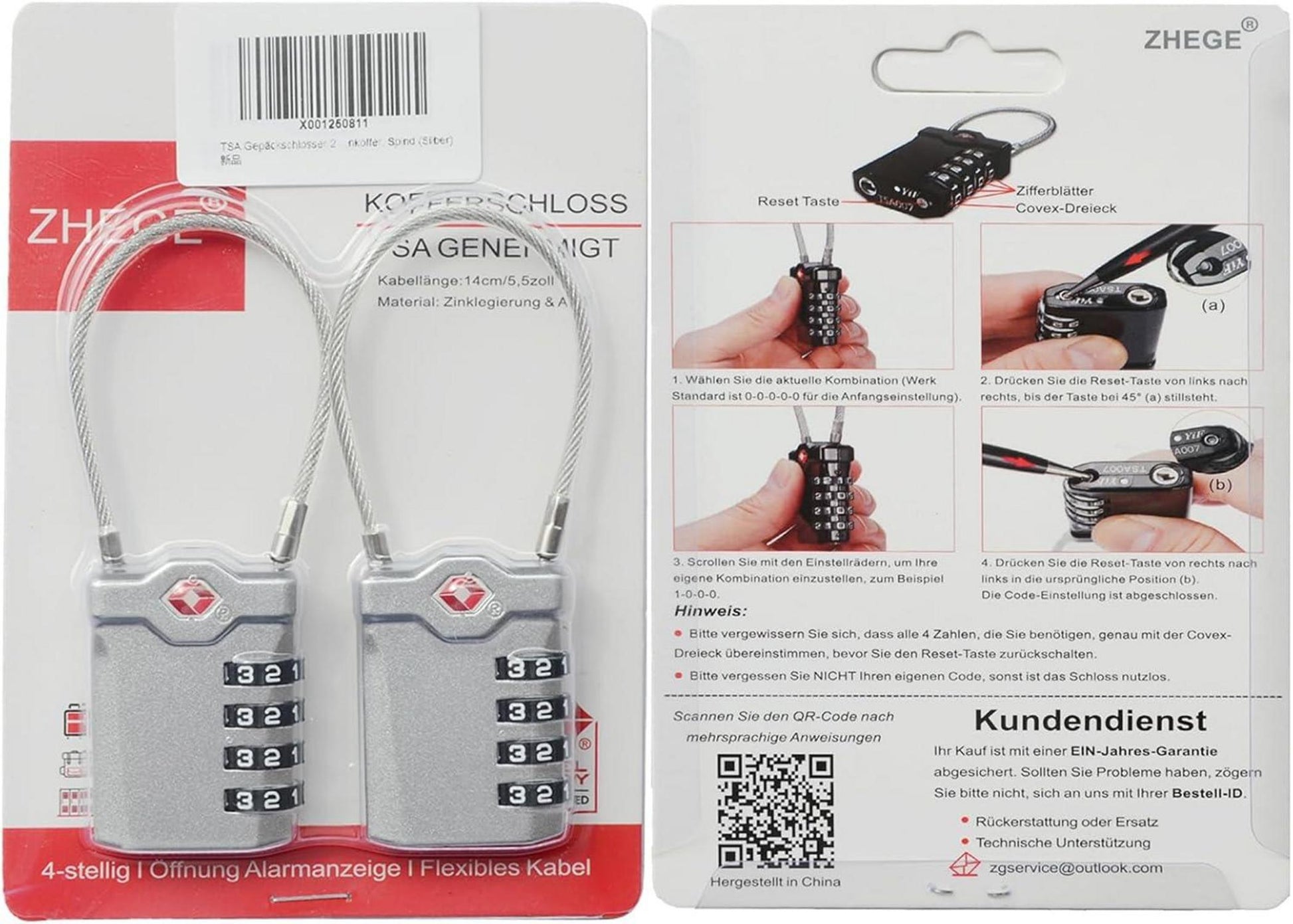 ZHEGE TSA Zahlenschloss Koffer 4-Stelliges Vorhängeschloss 2er Set Silber