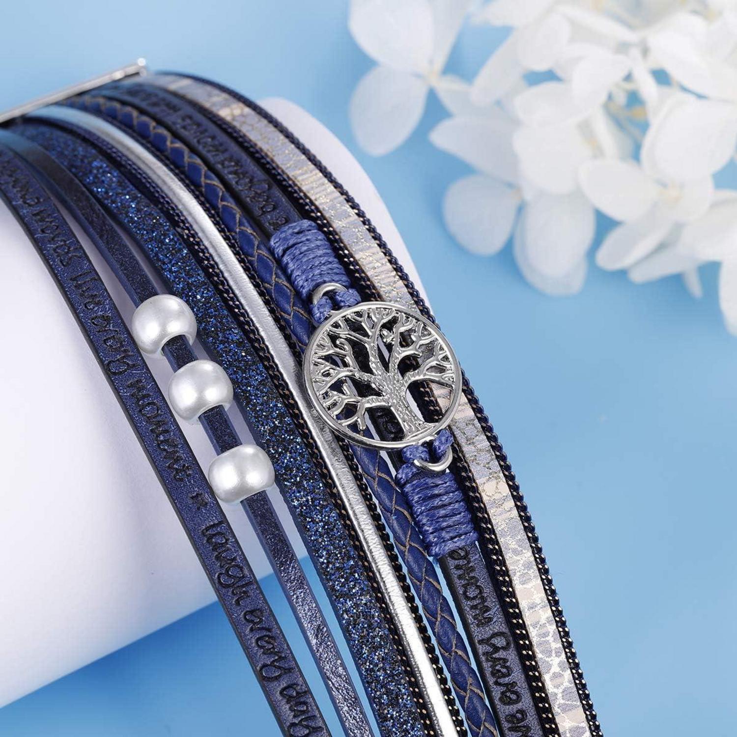 Handmade BOHO Lederarmband Blau Frauen Armkette Wrap