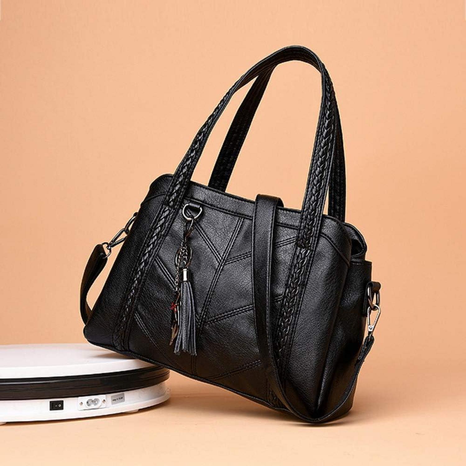 Damen Hobo Schultertasche aus PU-Leder mit Schultergurt - Schwarz