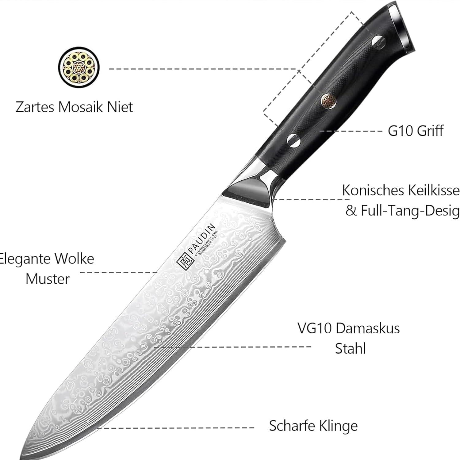 Damastmesser Kochmesser 20cm Küchenmesser Damaskus VG10-Stahl