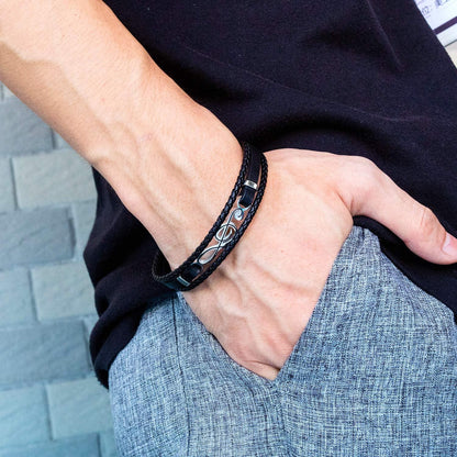 Herren Geflochtenes Leder Armband Edelstahl Schwarz Elegantes Design