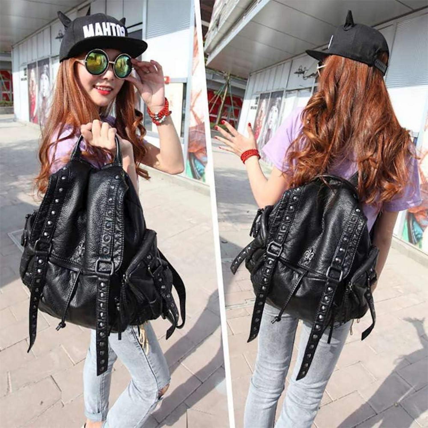 Damen Punk Große Rucksackhandtasche PU Leder Schwarz
