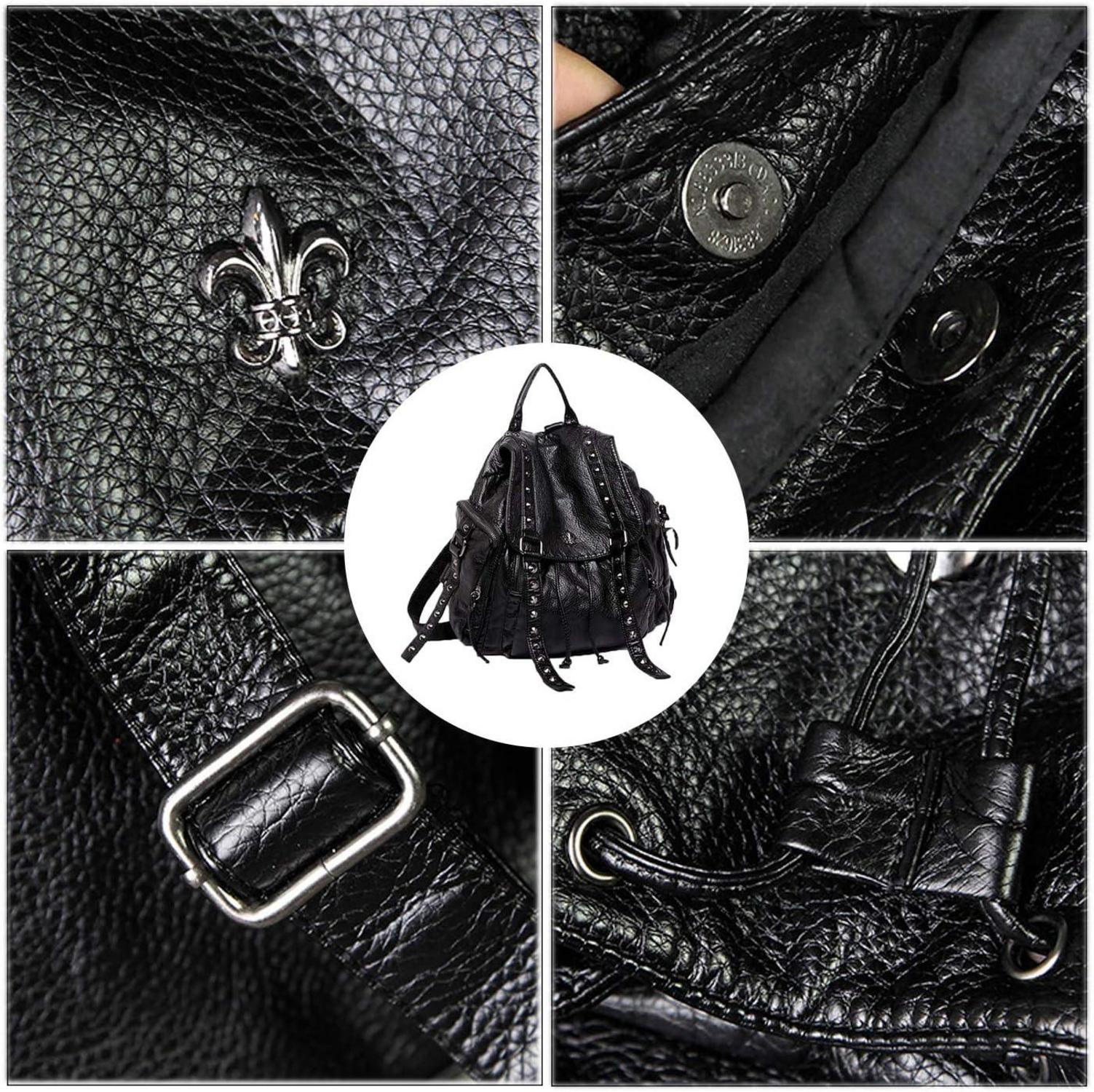 Coolives Punk Rucksackhandtasche für Damen in Schwarz aus PU Leder