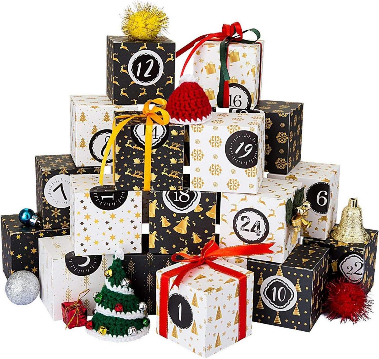 Adventskalender Boxen zum Befüllen 24 Weihnachten Schwarz Weiß Gold