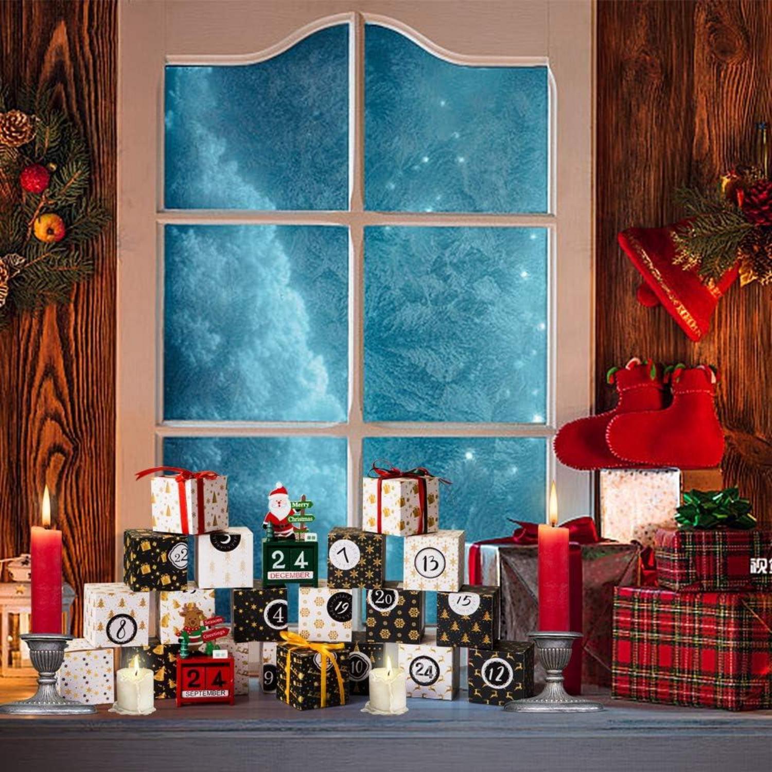 Adventskalender Boxen 24 Schachteln Weihnachten Deko Schwarz Weiß Hingucker