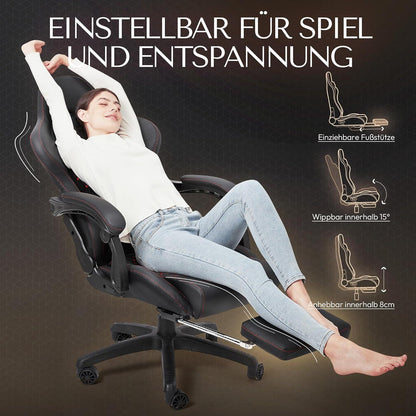 Dowinx Gaming Stuhl Bürostuhl Ergonomisch mit Massage Lendenwirbelstütze PU Leder Schwarz Rot