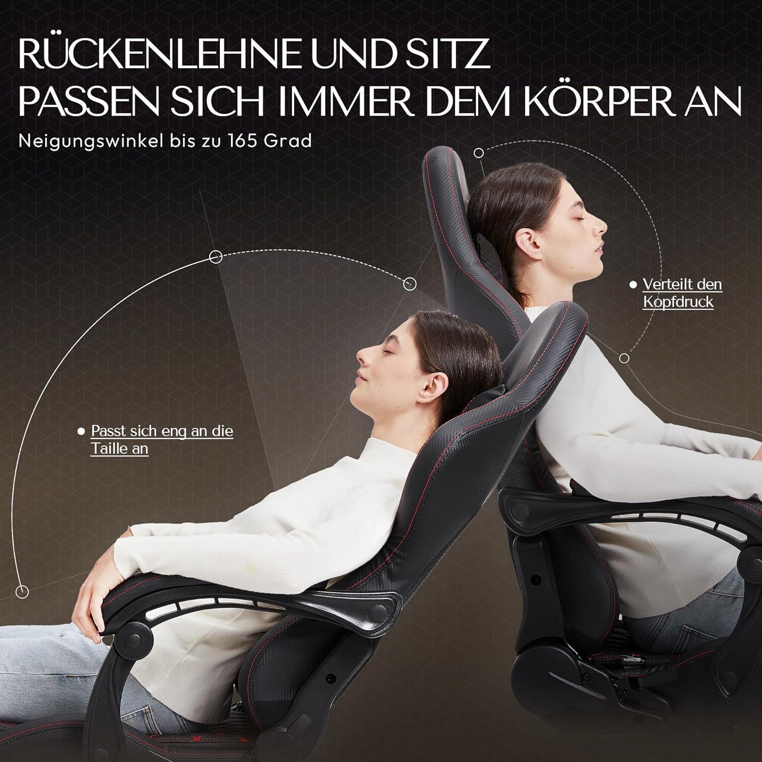 Ergonomischer Gaming Stuhl mit Massage Schwarz Rot Echtes Leder