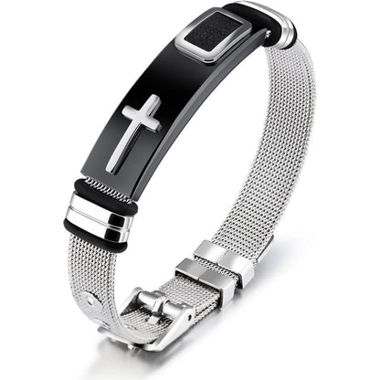 Herren Edelstahl Armband Einstellbar Mesh Armreif Kreuz