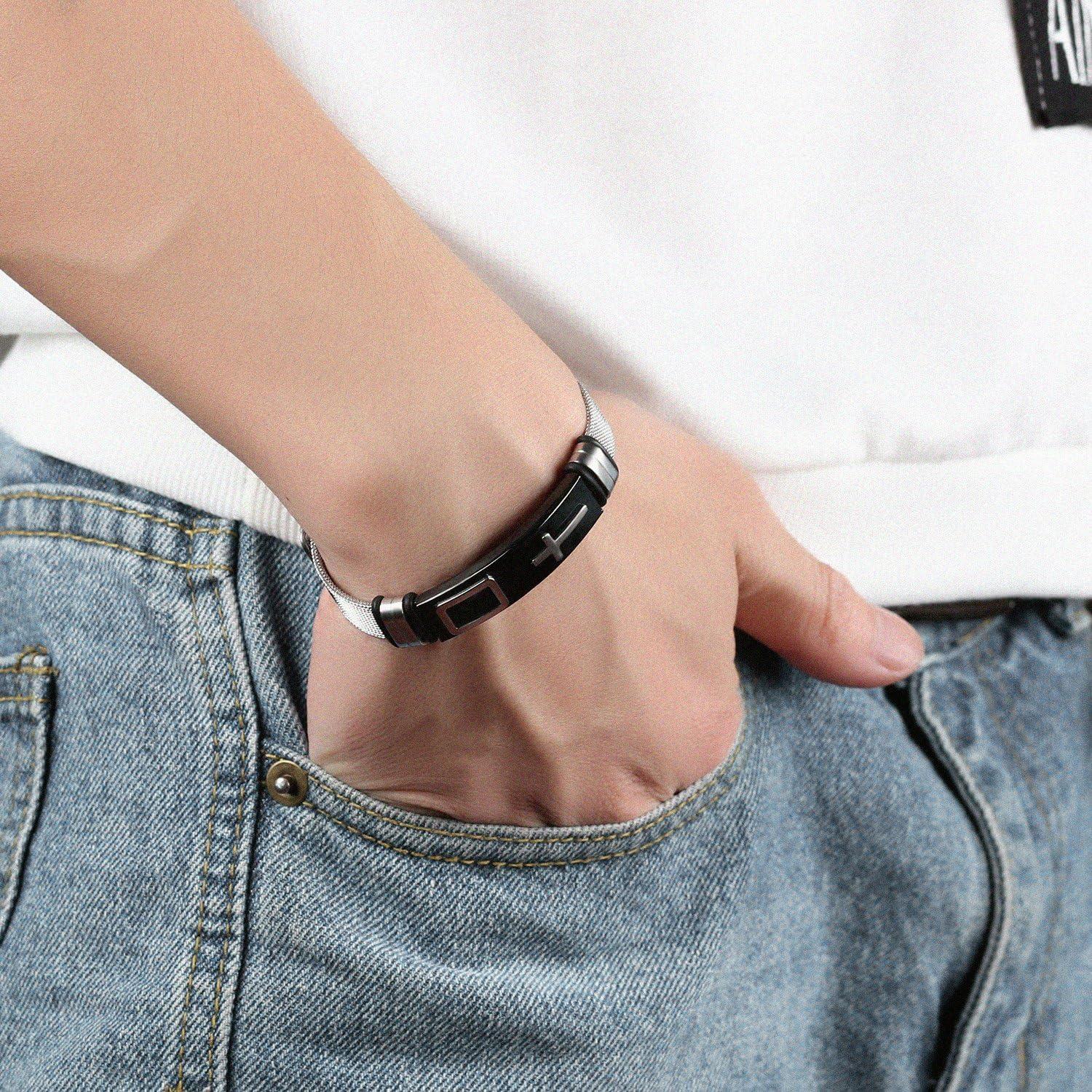 OSTAN Herren Edelstahl Armband Kreuz-Mesh-Armreif Silber Einstellbar