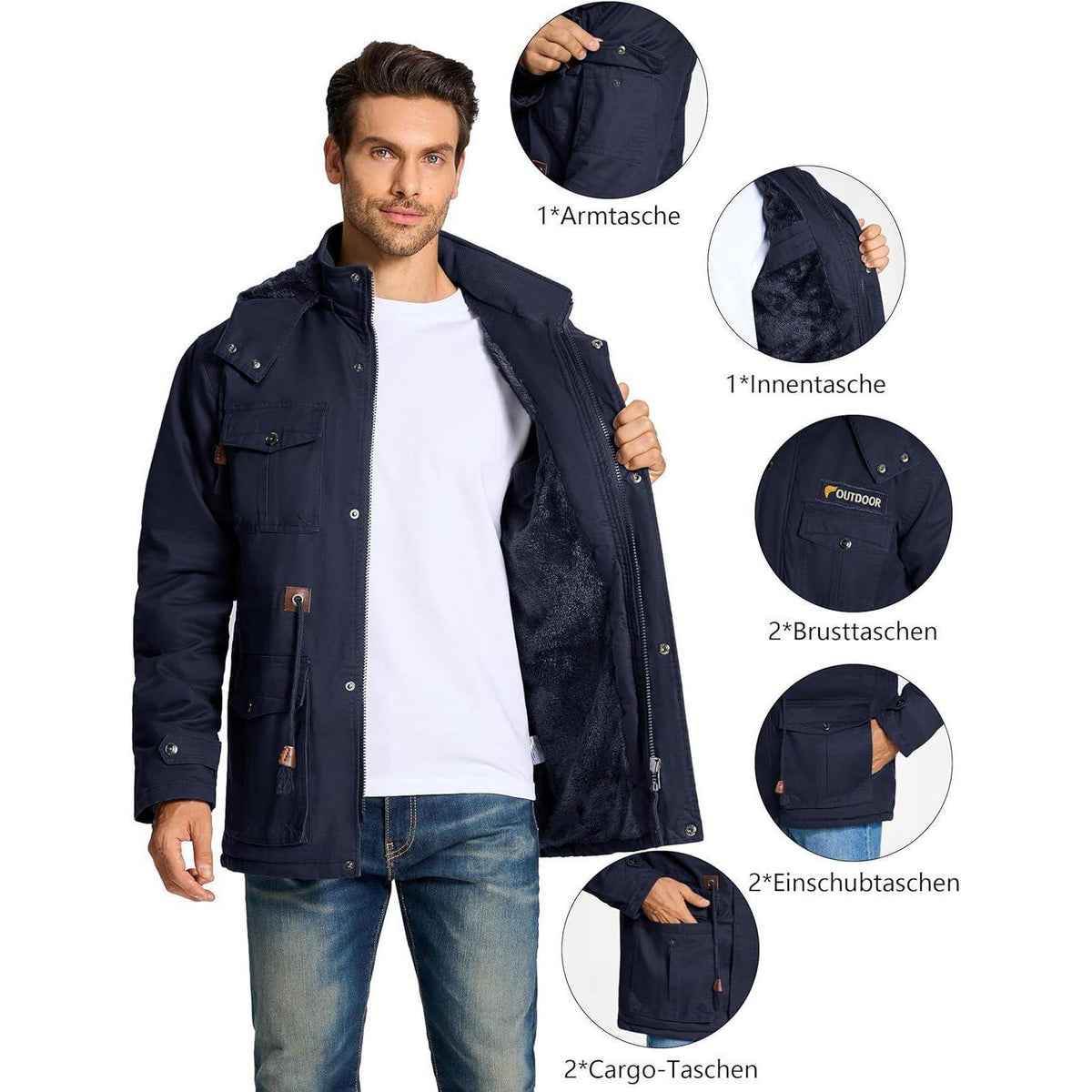 Herren Winterparka Fleecegefüttert mit Kapuze & Taschen