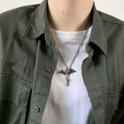 Edelstahl Drache Schwert Anhänger Halskette Herren Silber