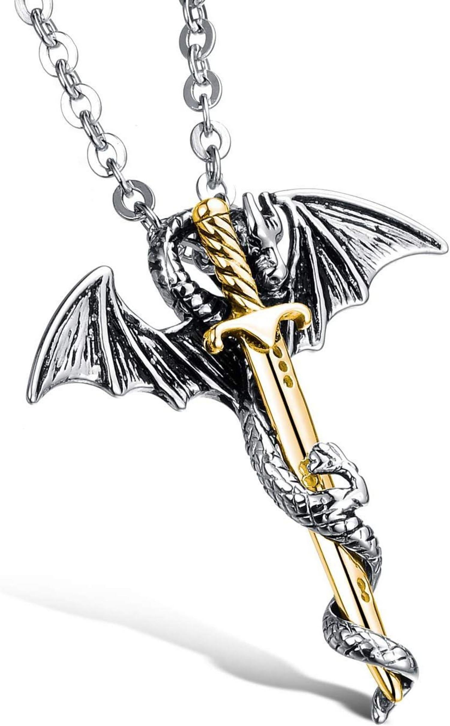Edelstahl Drache Schwert Anhänger Halskette Herren Schmuck