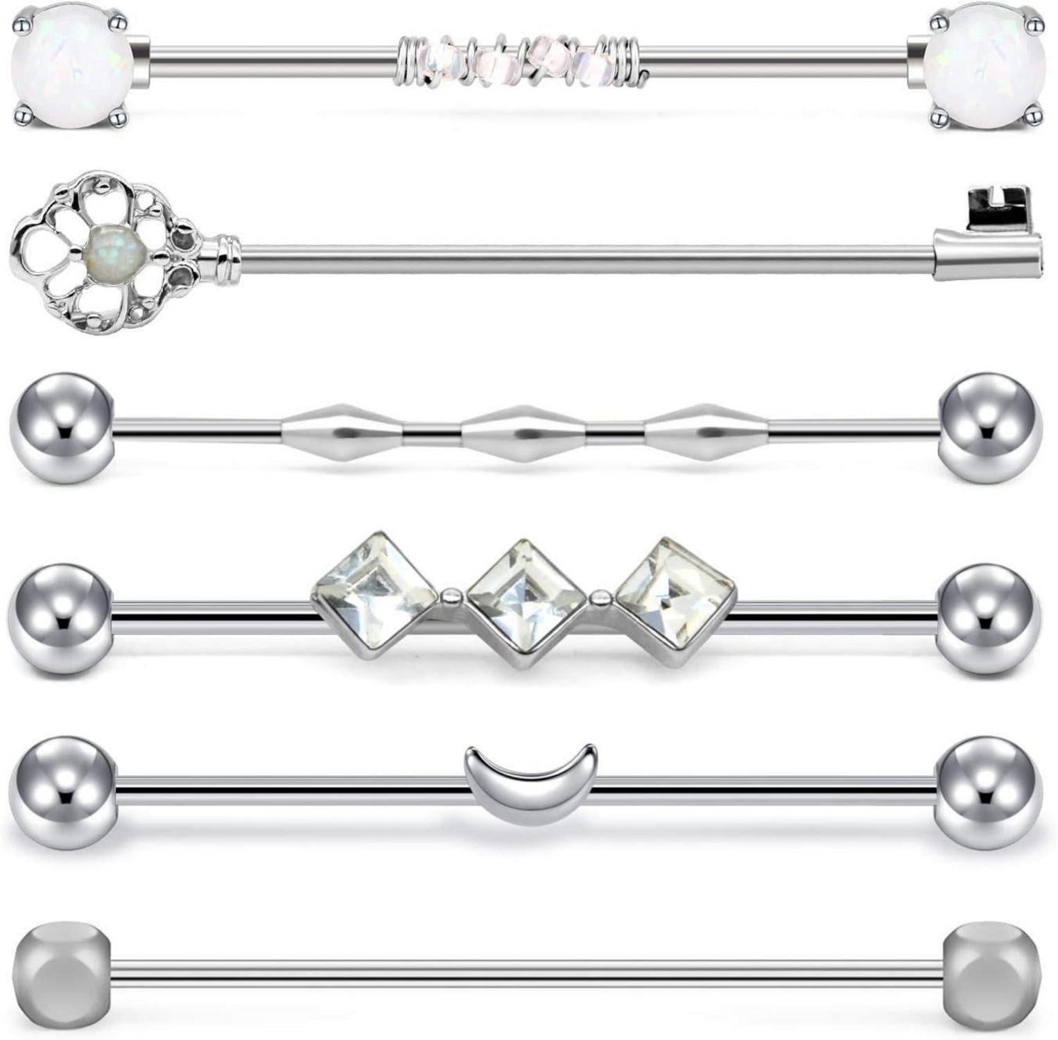 6er Set 14G Industrie Ohr Piercing Stab Barbell 38mm Opal