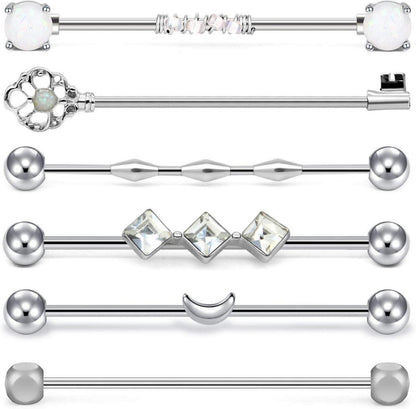 6er Set 14G Industrie Ohr Piercing Stab Barbell 38mm Opal