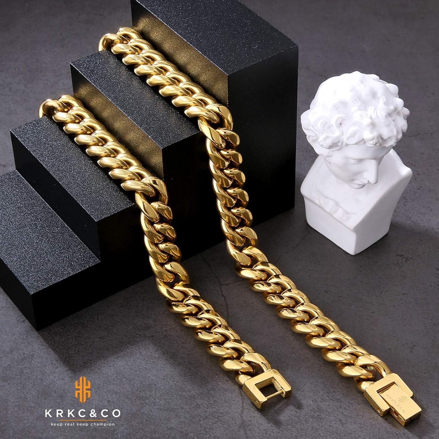 Herren Panzerkette 10/12/14mm 18K Gold Cuban Link Chain 61cm